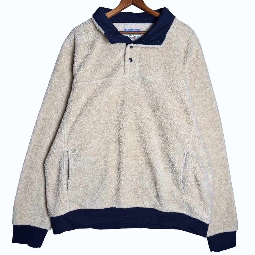 Jachs Cabin Mens XXL Sherpa Fleece Pullover Cream Navy Snap Mock Neck Jacket